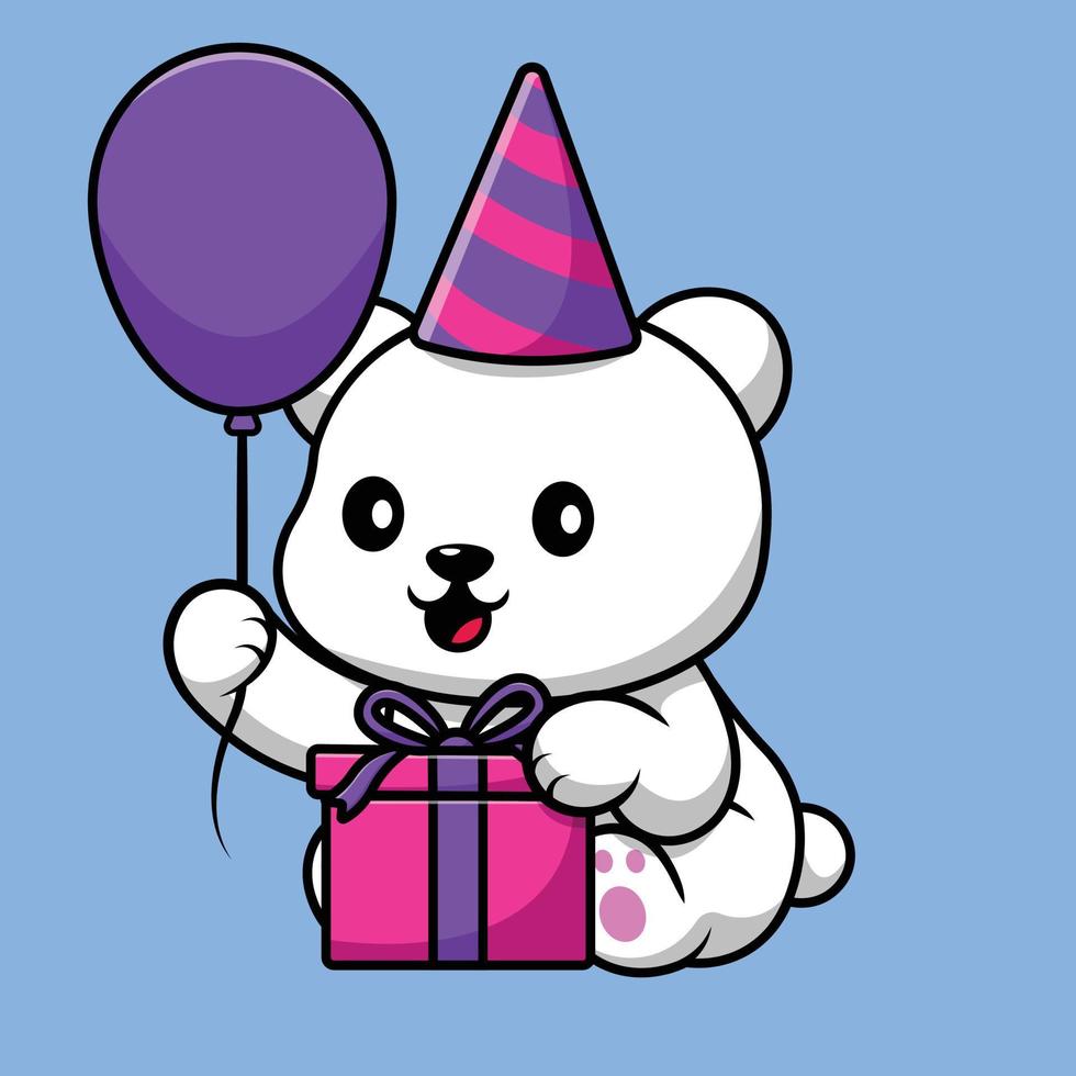 Cute Polar Bear Birthday Cartoon Vector Icon Illustration. Animal And Gift Flat Cartoon Concept