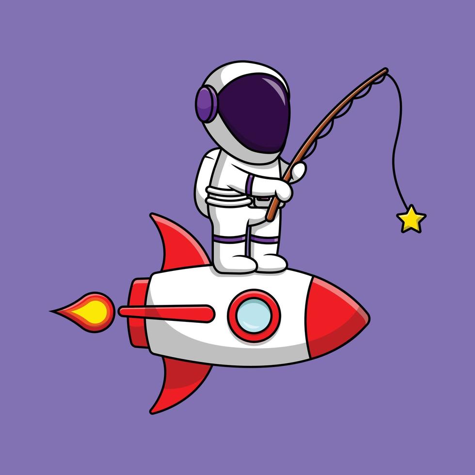 Linda estrella de pesca de astronauta en la ilustración de icono de vector de dibujos animados de cohete. concepto de dibujos animados plana de tecnología de ciencia