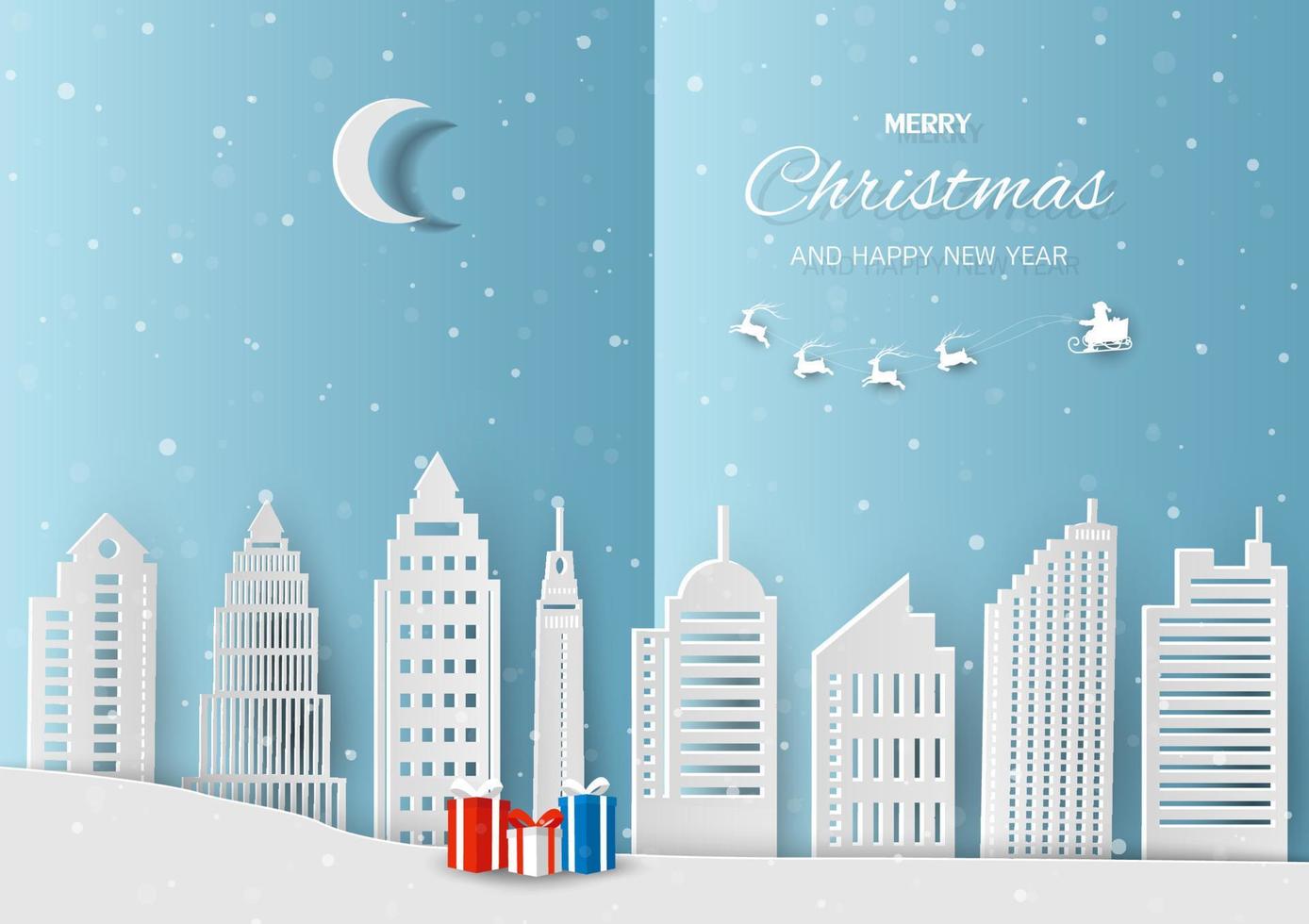 Merry Christmas and happy new year greeting card with Santa Claus coming to white city on winter night vector