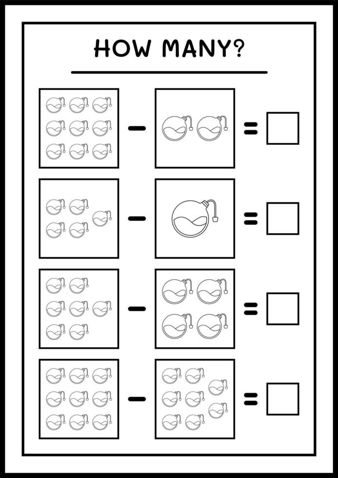 cuantas botellas de pociones, juegos para niños. ilustración vectorial, hoja de cálculo imprimible vector