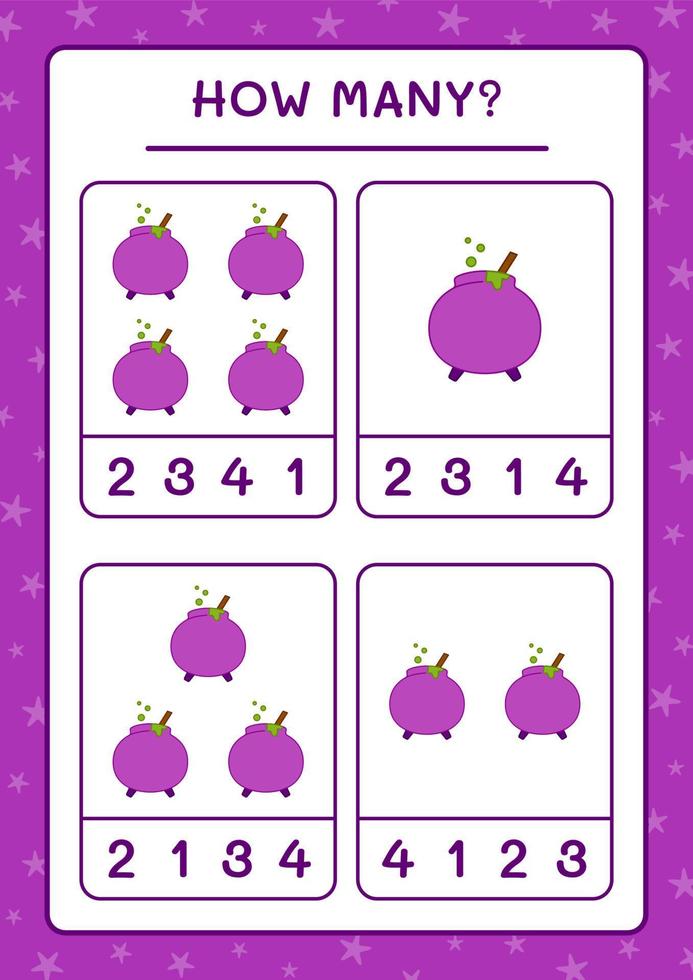How many Cauldron, game for children. Vector illustration, printable worksheet