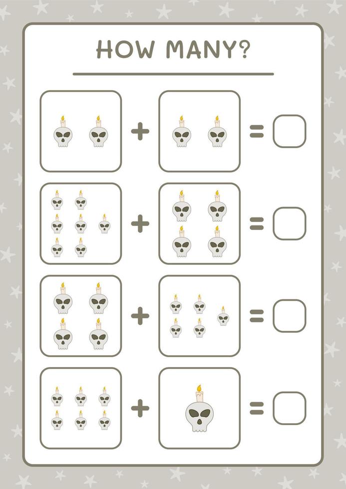 How many Skull with Candle, game for children. Vector illustration, printable worksheet