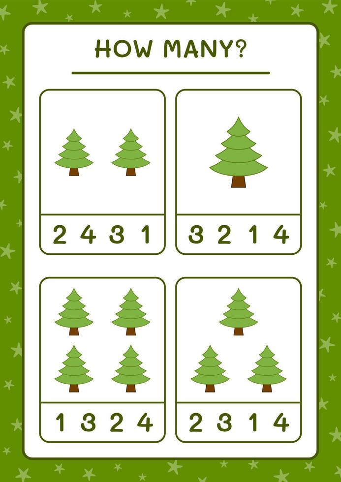 How many christmas tree, game for children. Vector illustration, printable worksheet