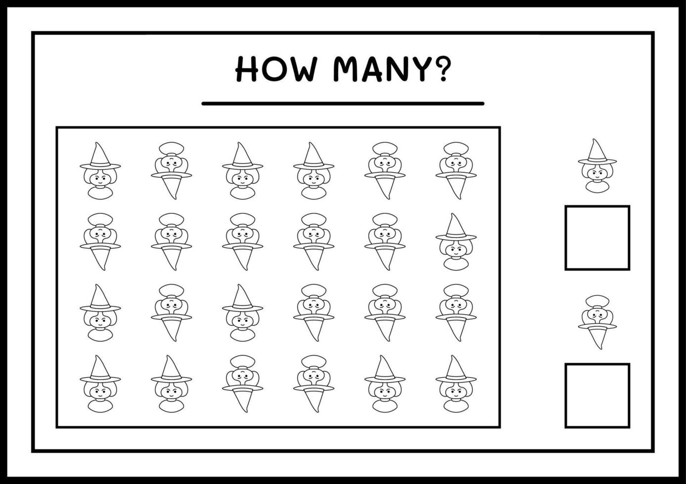 How many Witch, game for children. Vector illustration, printable worksheet