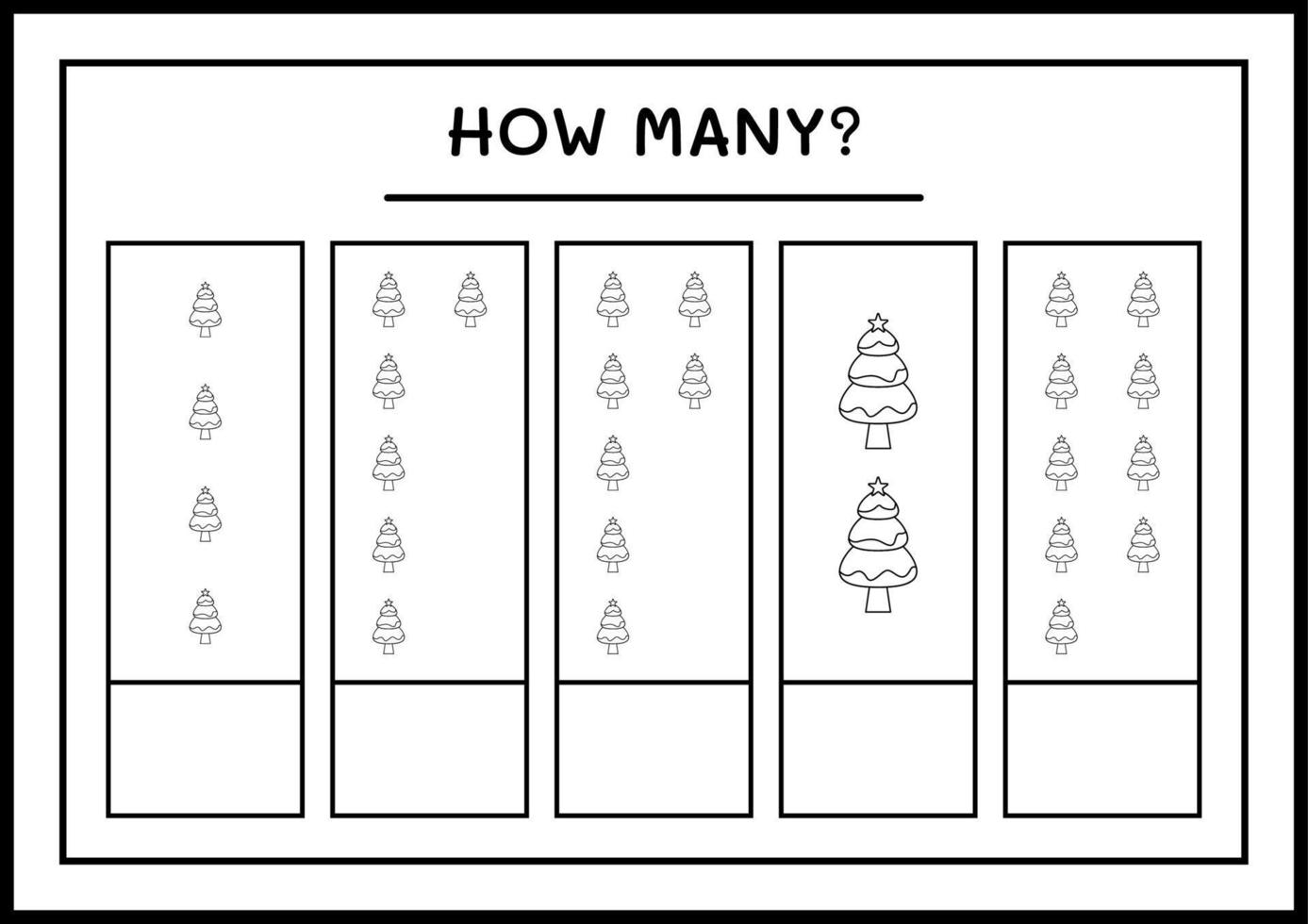 How many christmas tree, game for children. Vector illustration, printable worksheet