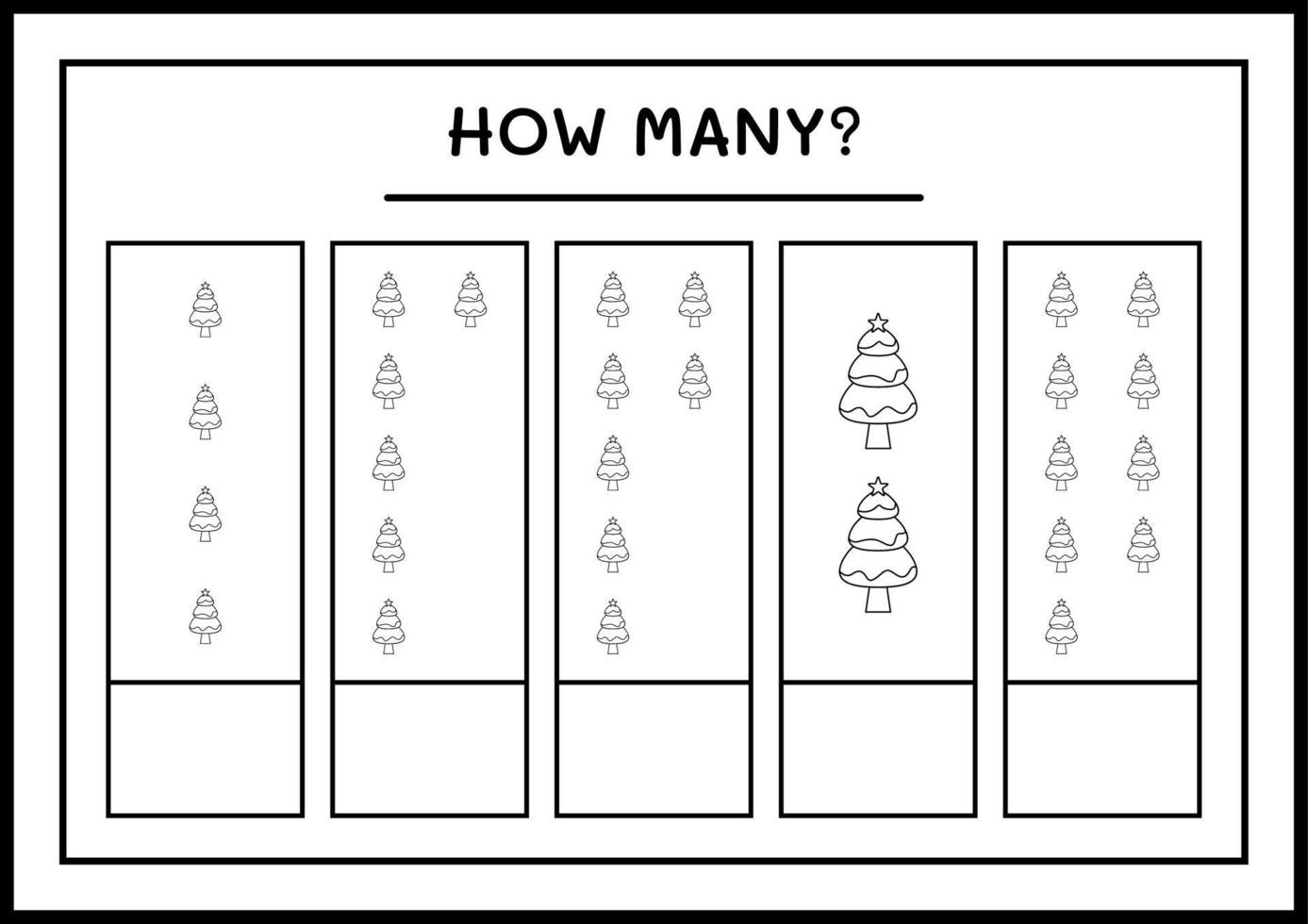 How many christmas tree, game for children. Vector illustration, printable worksheet