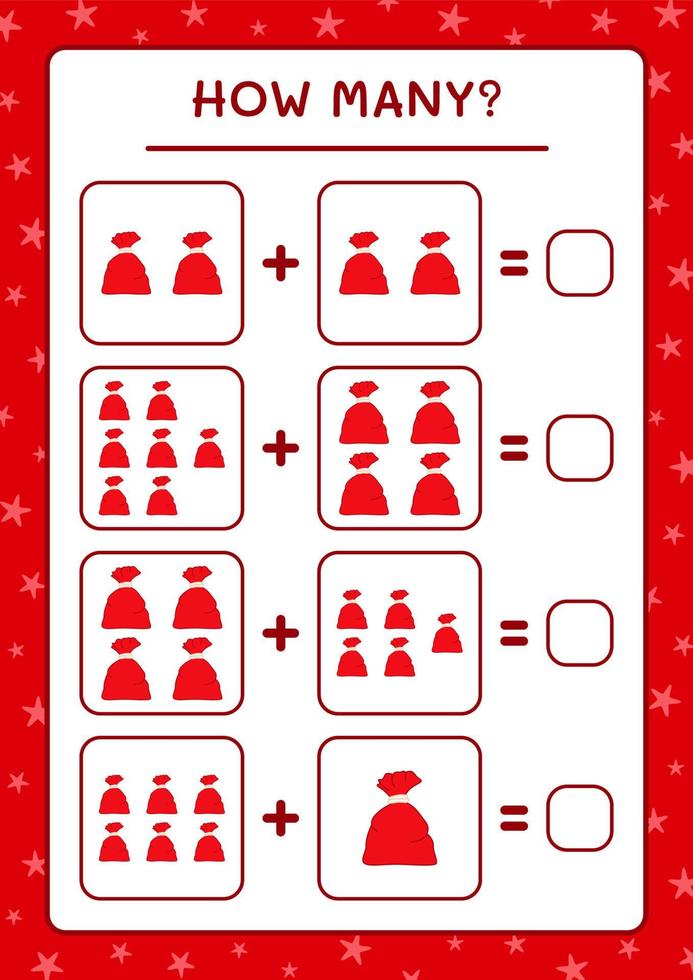 How many santa claus red bag, game for children. Vector illustration, printable worksheet