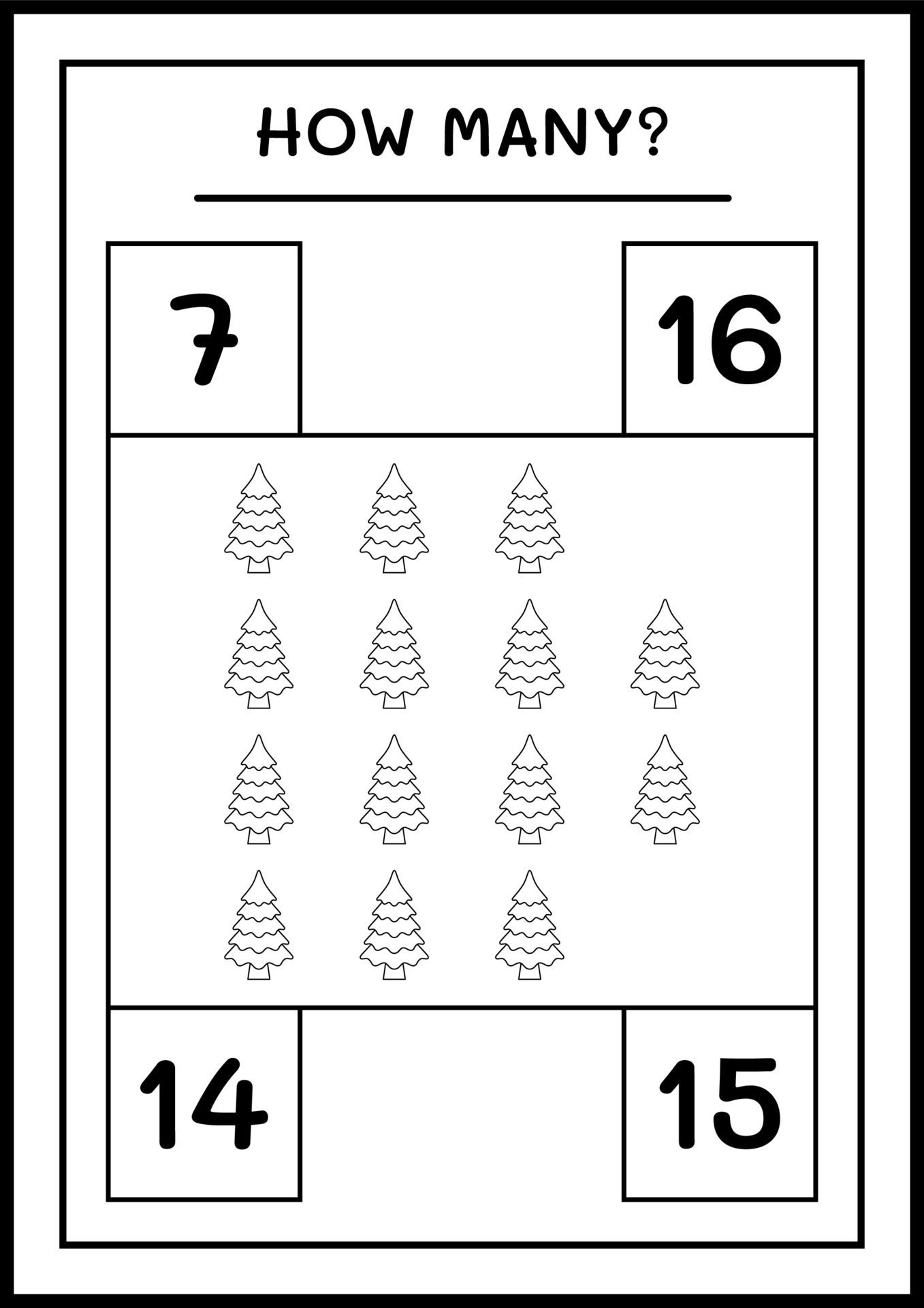 How many christmas tree, game for children. Vector illustration