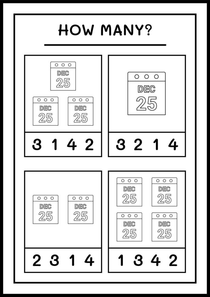 How many christmas calendar, game for children. Vector illustration, printable worksheet