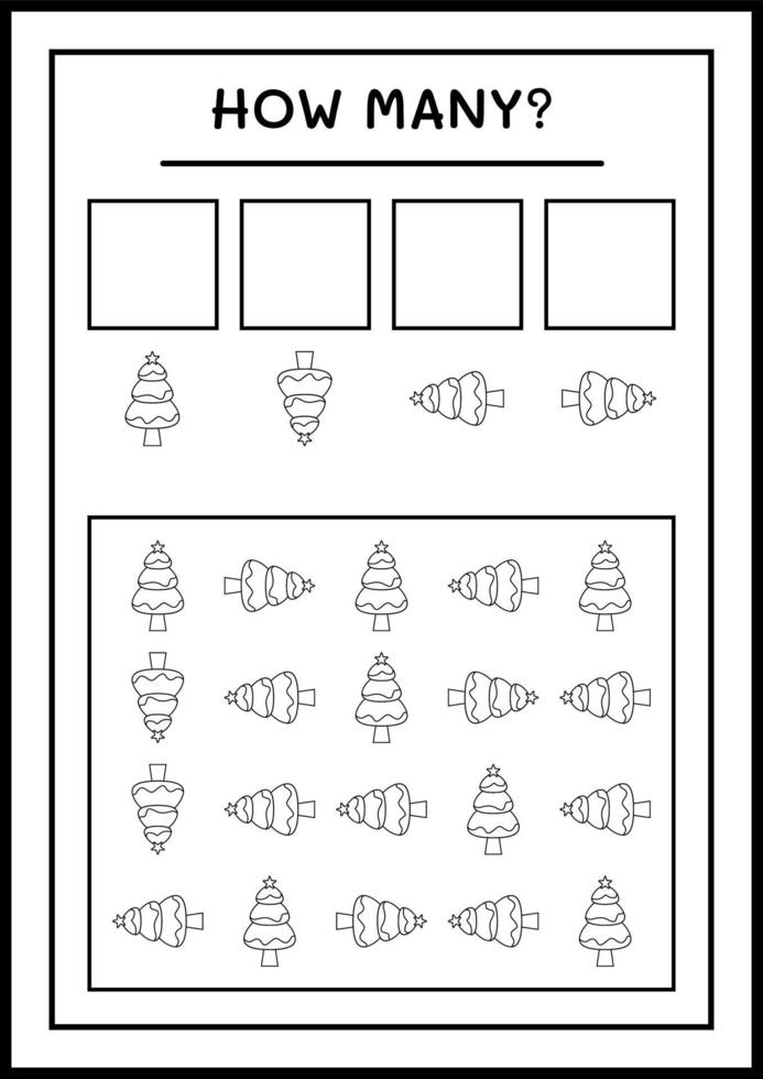 How many christmas tree, game for children. Vector illustration, printable worksheet