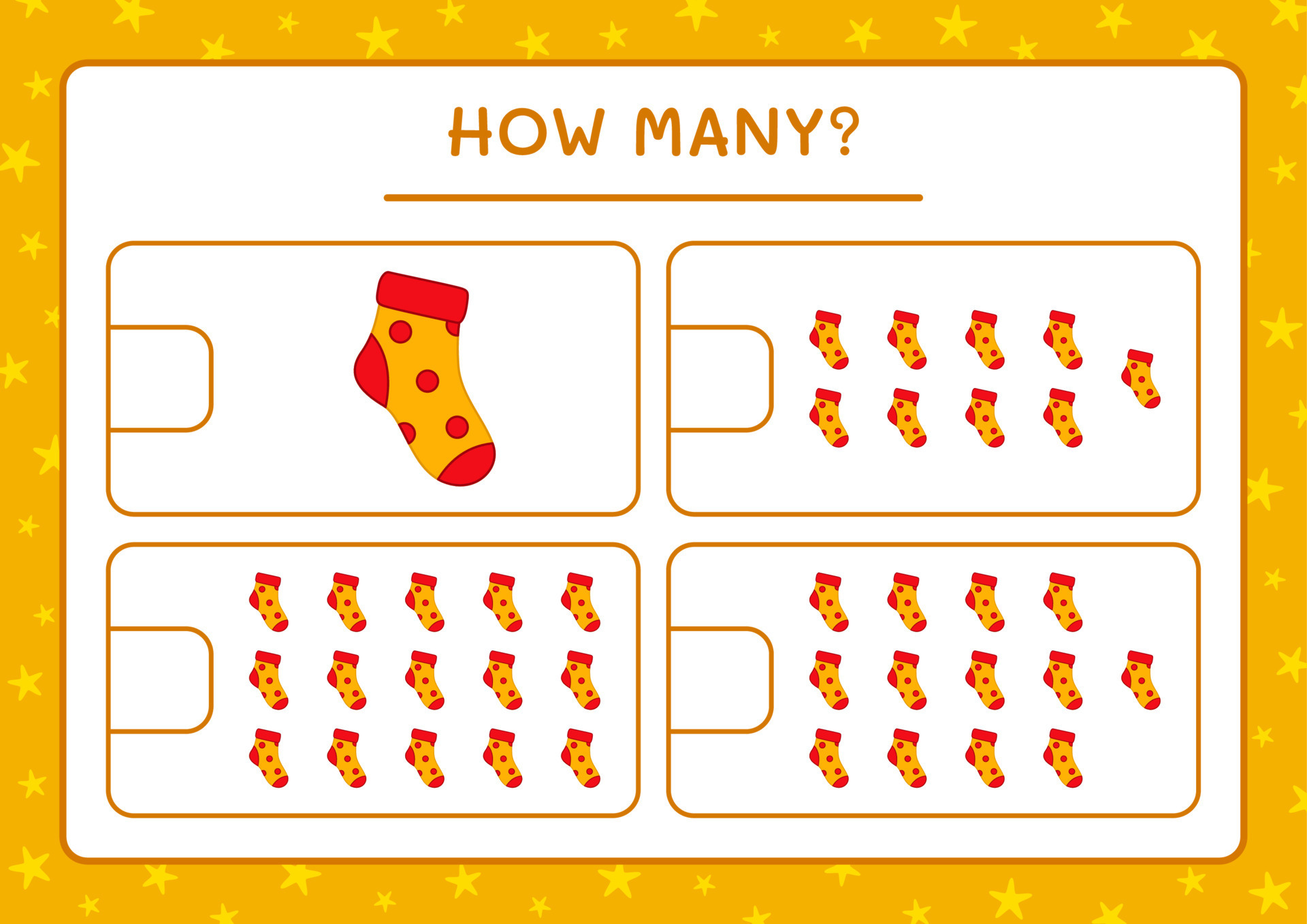 How many christmas sock, game for children. Vector illustration