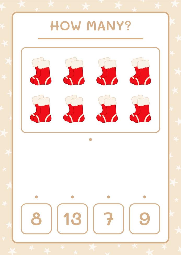 How many christmas sock, game for children. Vector illustration, printable worksheet