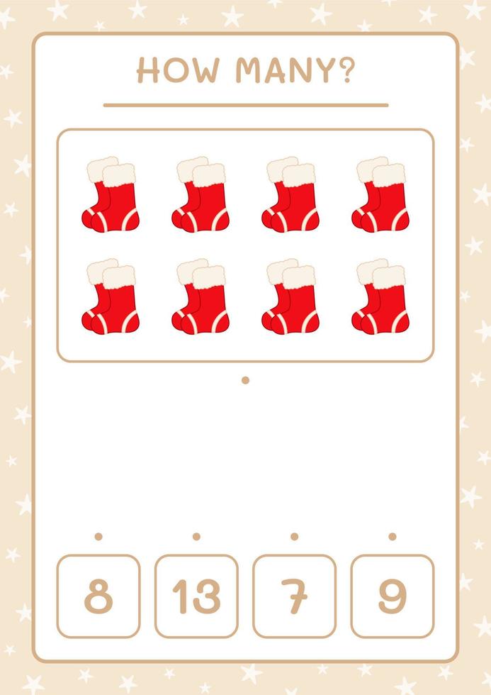 How many christmas sock, game for children. Vector illustration, printable worksheet