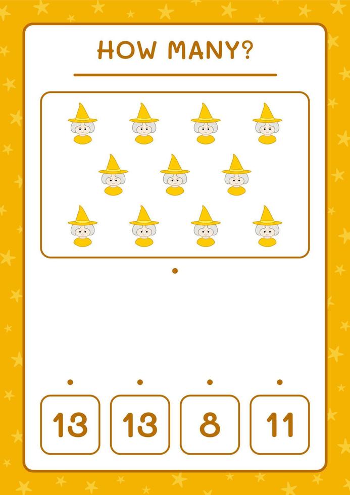 How many Witch, game for children. Vector illustration, printable worksheet