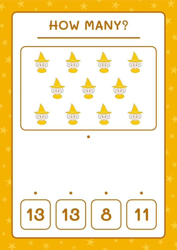 How many Witch, game for children. Vector illustration, printable worksheet