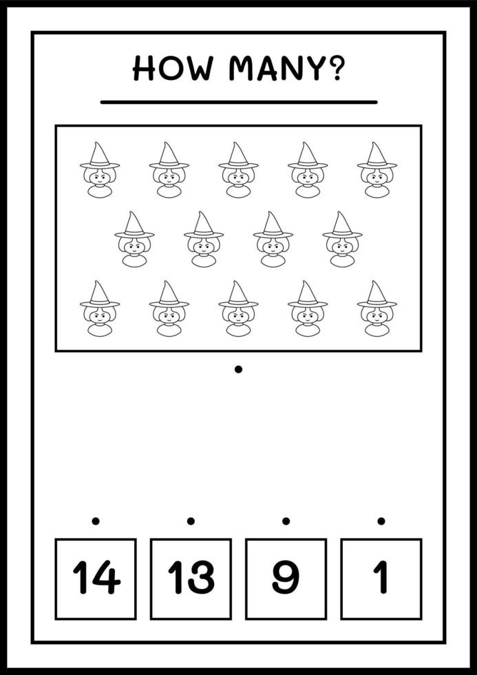 How many Witch, game for children. Vector illustration, printable worksheet