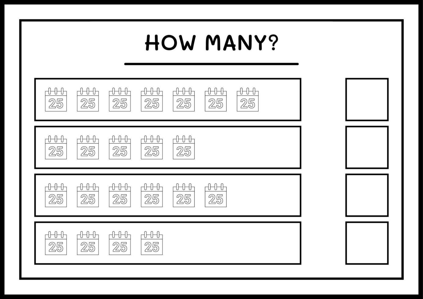 How many christmas calendar, game for children. Vector illustration, printable worksheet