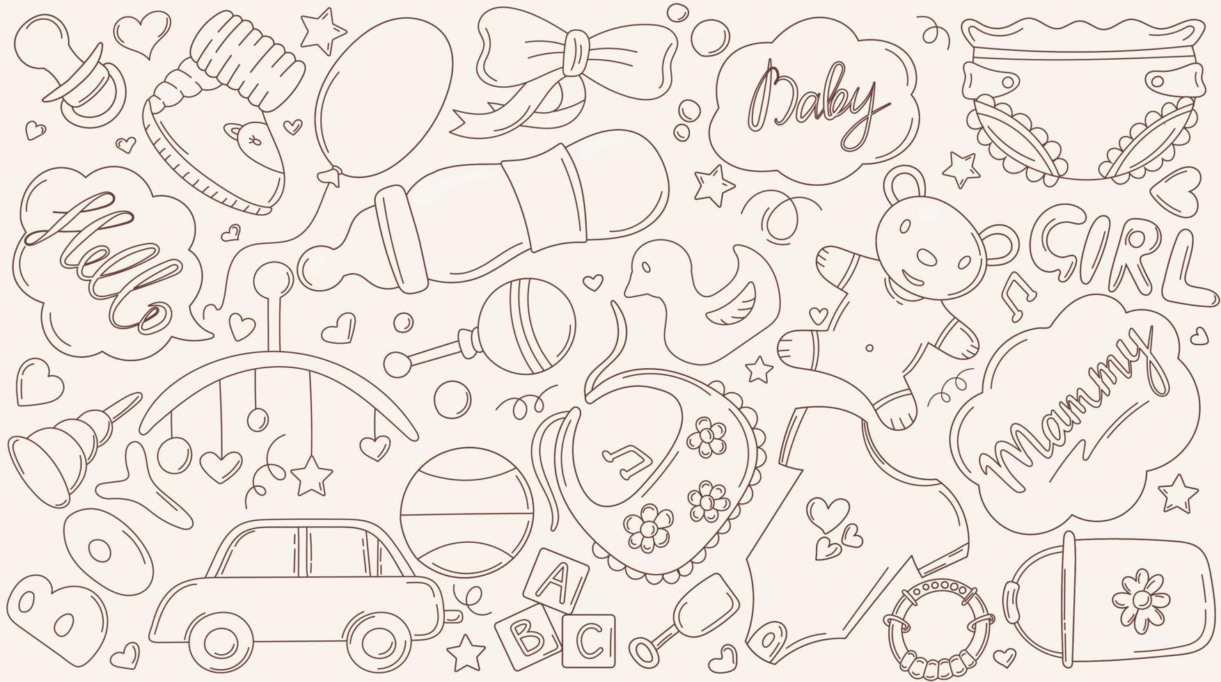 Vector illustration of cartoon baby pattern with things for a newborn.