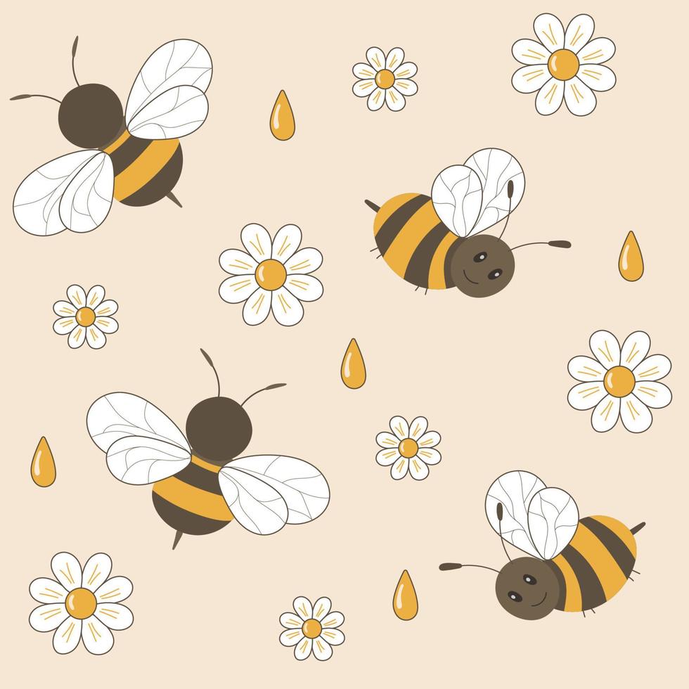 Vector seamless cartoon pattern with wasps and bees, flowers camomiles and drops of honey.