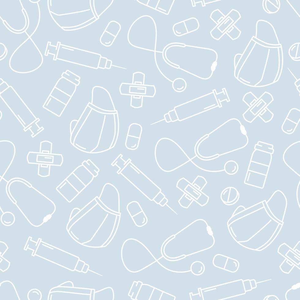 Vector seamless medicine pattern background, disposable masks, syringes, stethoscope, pills, tablets.