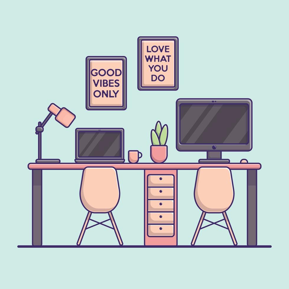 Home or office workspace with desk, computer and laptop. Flat style interior with paintings and house plants. vector