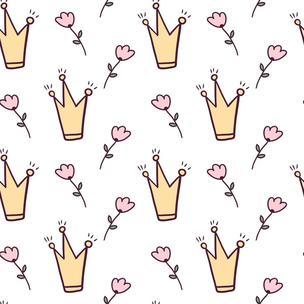 Vector seamless pattern with cute doodle isolated illustrations. Bright crown and flowers. Decoration for background or wrapping paper.