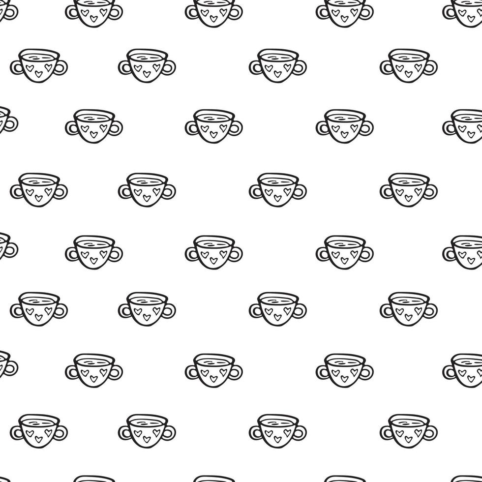 Vector flat illustration seamless pattern tea time with cups of tea and coffee. Doodle objects are cut out.
