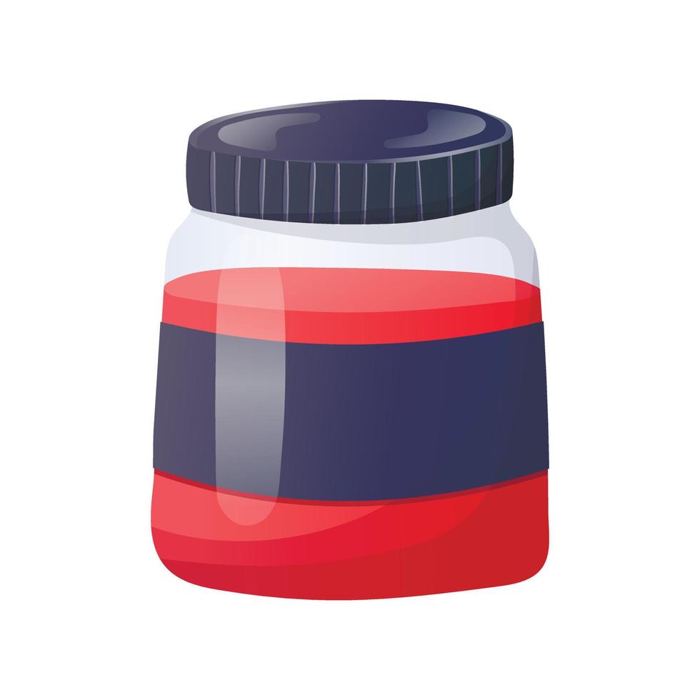 Vector isolated cartoon illustration of a glass jar with acrylic red paint or gouache for painting.
