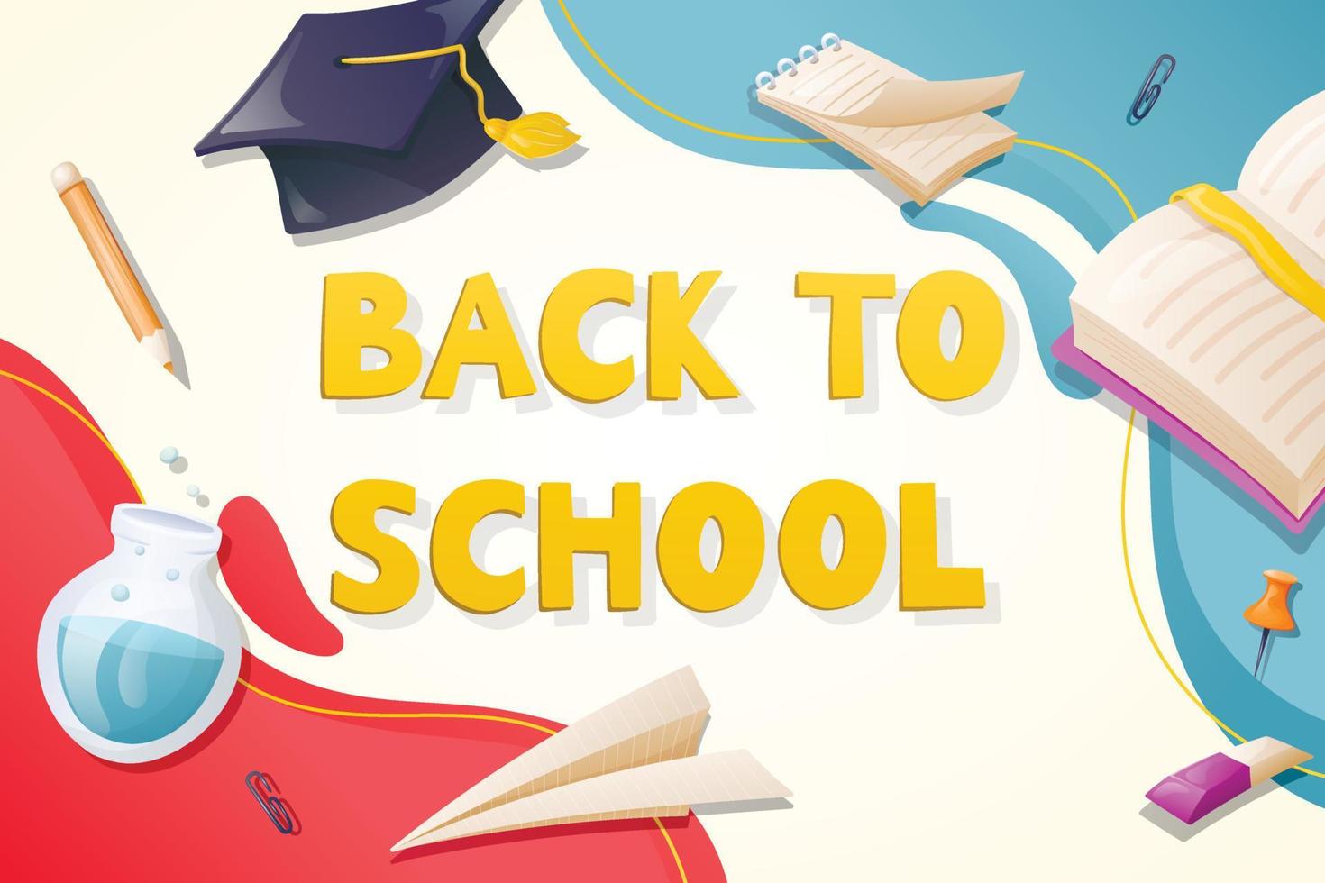 Vector ready-made template with the inscription back to school. Modern advertising banner with stationery and supplies stickers.