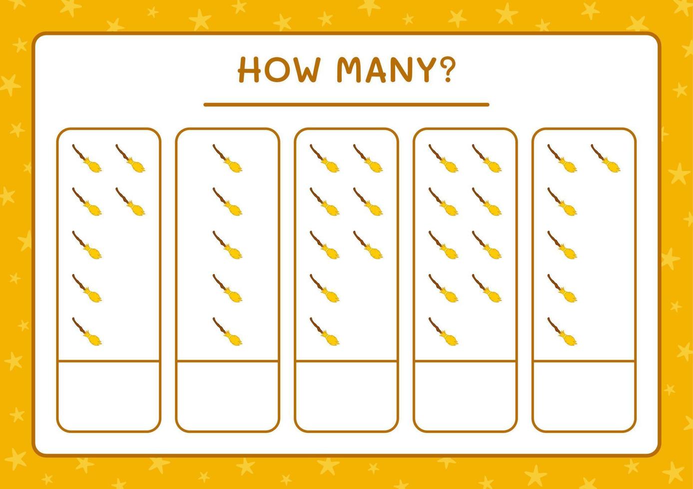 How many Broom Magic, game for children. Vector illustration, printable worksheet