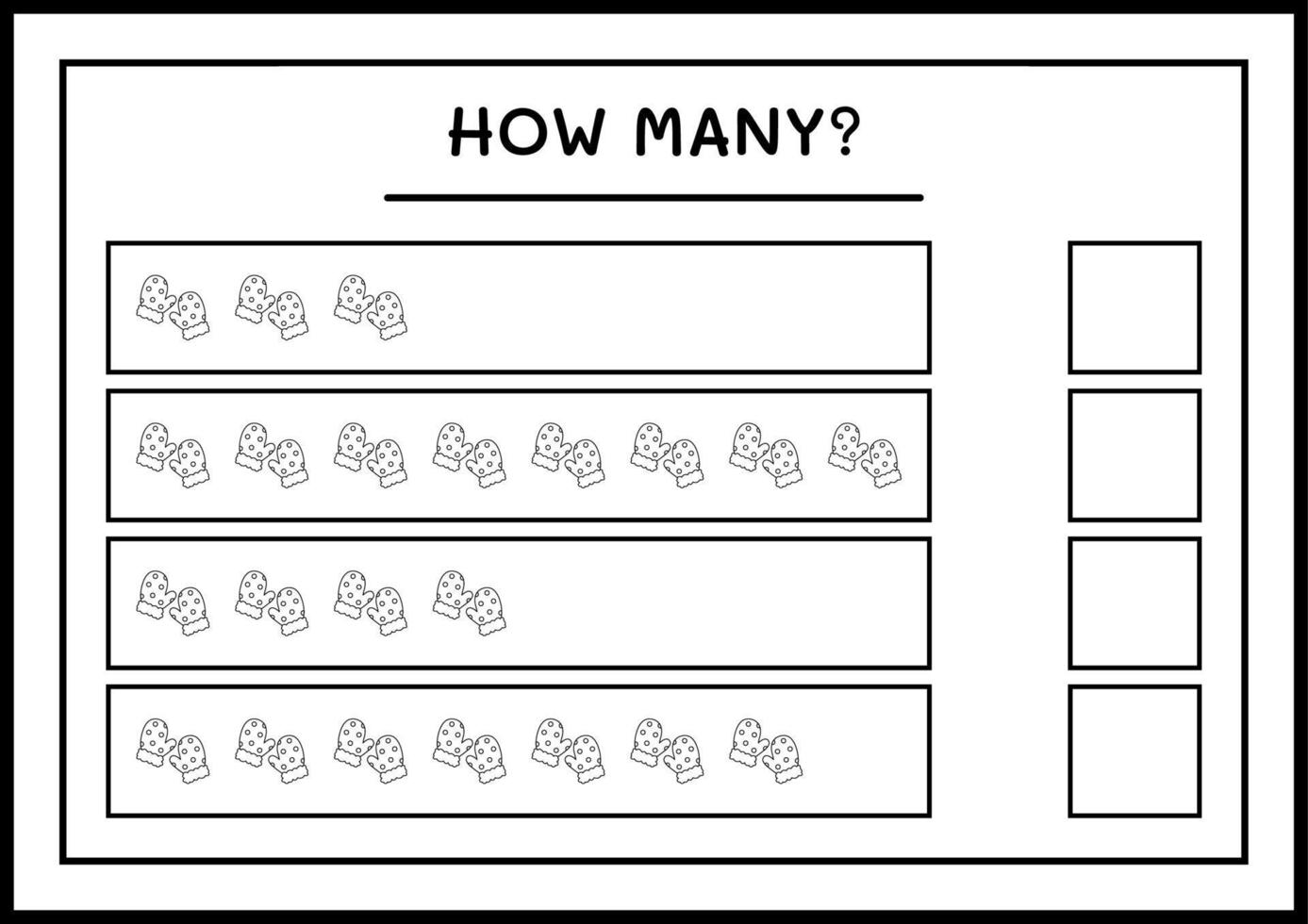 How many winter mittens, game for children. Vector illustration, printable worksheet