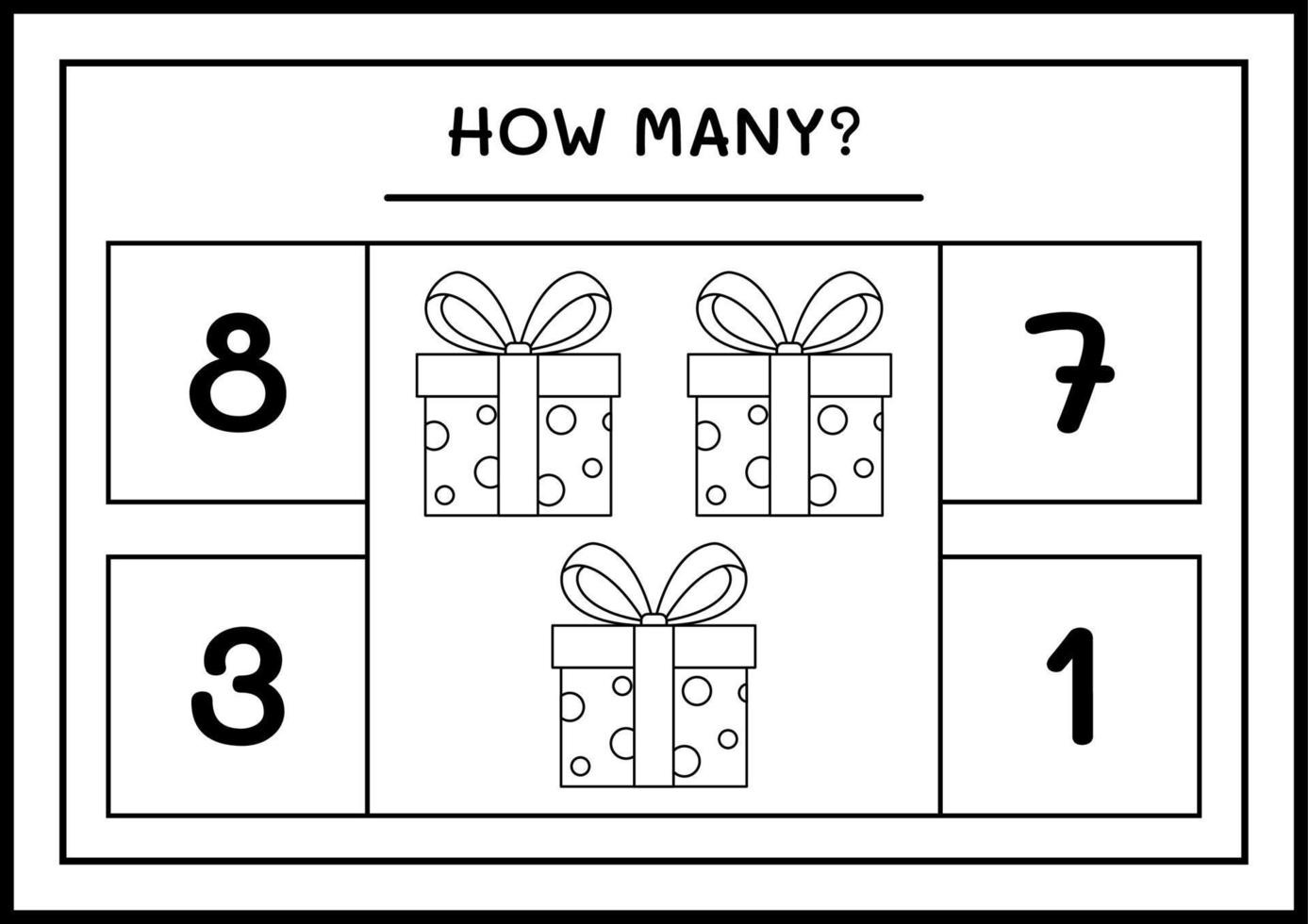 How many gift box, game for children. Vector illustration, printable worksheet