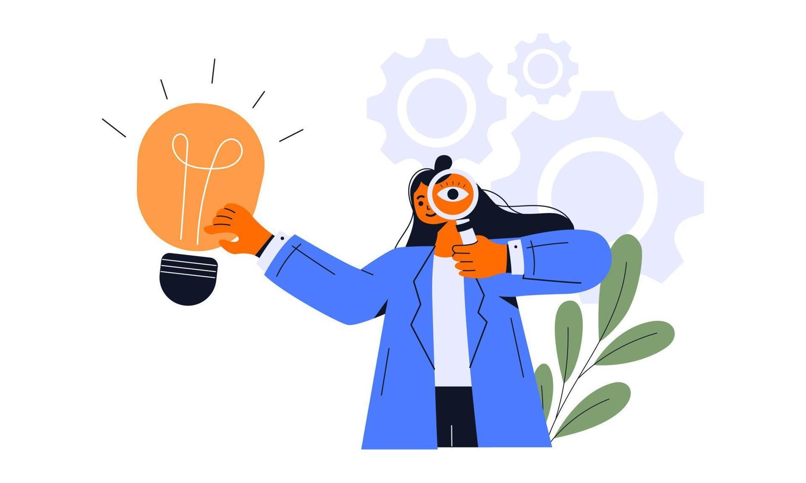 Research, investigation and curiosity concept.  people cartoon character standing looking at something with magnifier trying to find something. Vector isolated concept metaphor illustration.