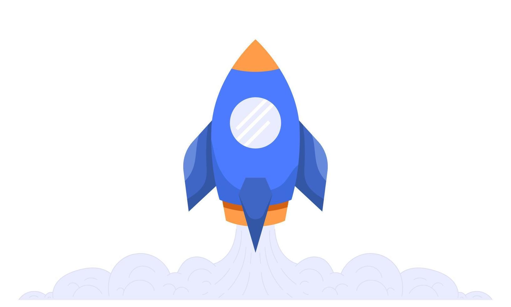 Rocket launch in the sky flying over clouds. Space ship in smoke clouds. Business concept. Start up template. Vector illustration