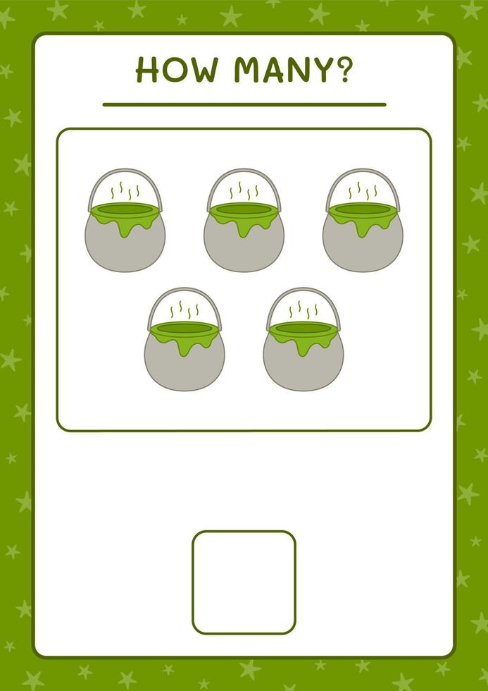 How many Cauldron, game for children. Vector illustration, printable worksheet
