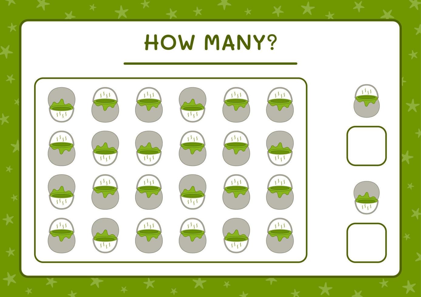 How many Cauldron, game for children. Vector illustration, printable worksheet