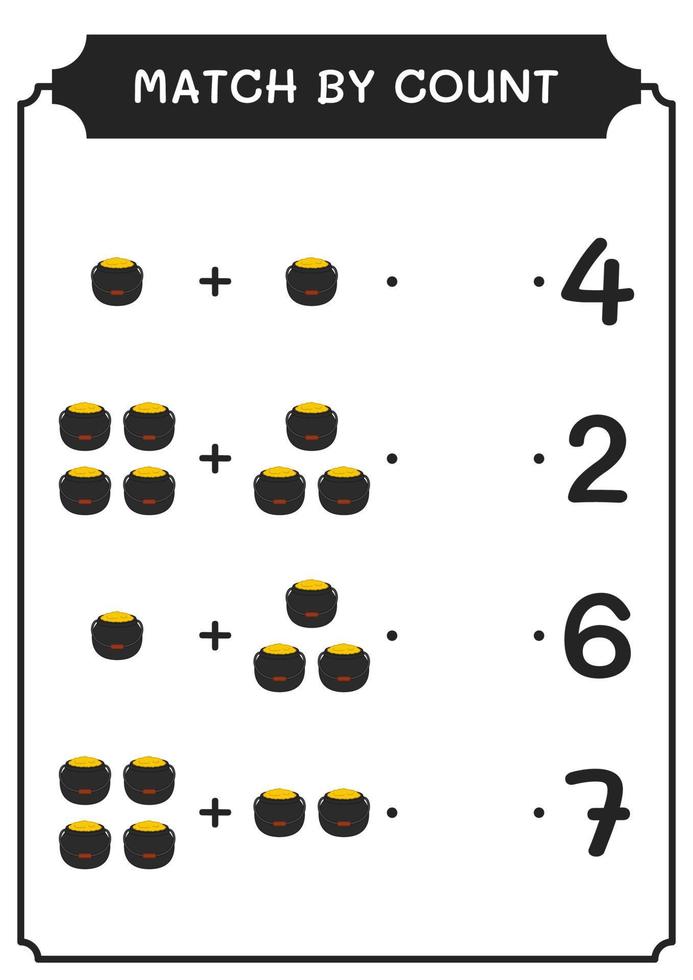 Match by count of Cauldron, game for children. Vector illustration, printable worksheet