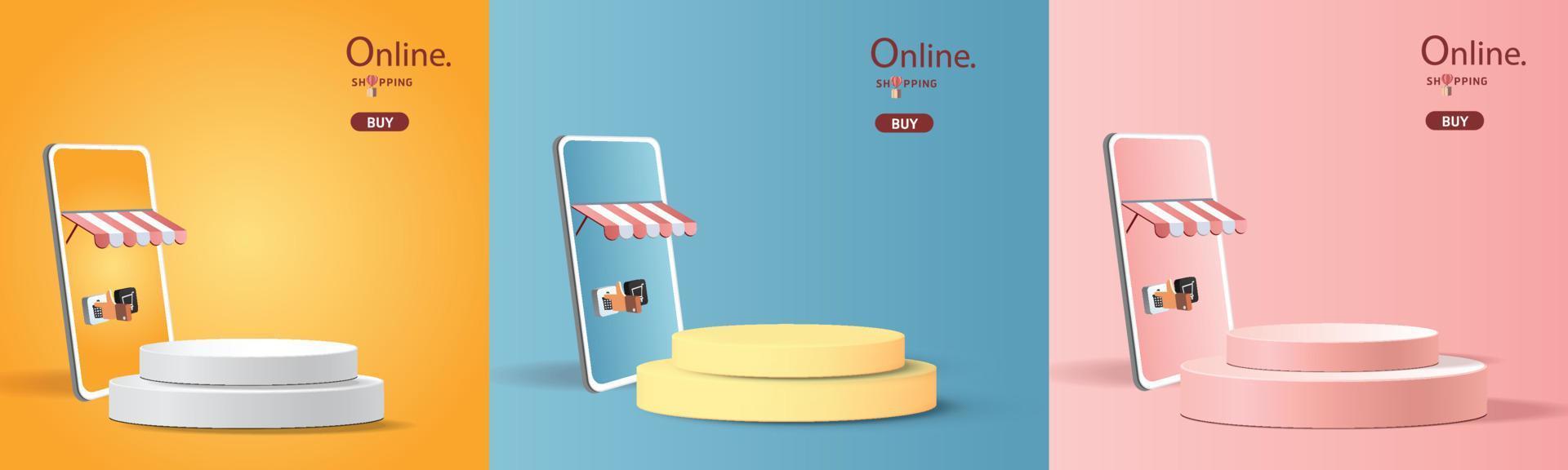 shopping online on phone with podium paper art modern pink background gifts box vector. vector