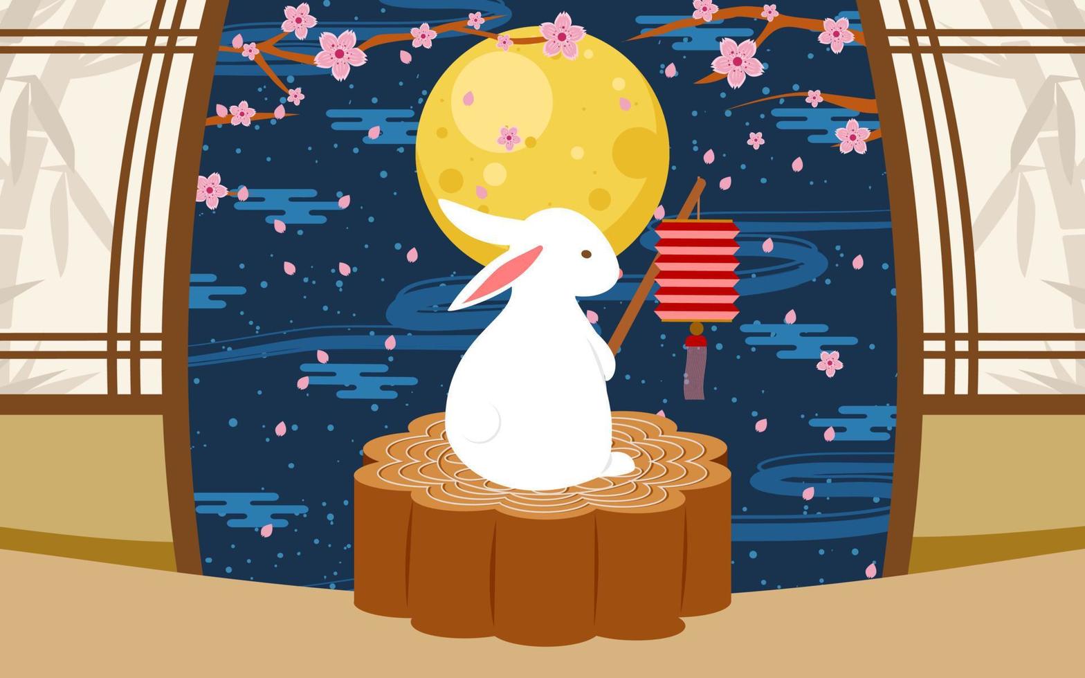 Happy Mid Autumn Day Landscape with Rabbit bring a lantern vector