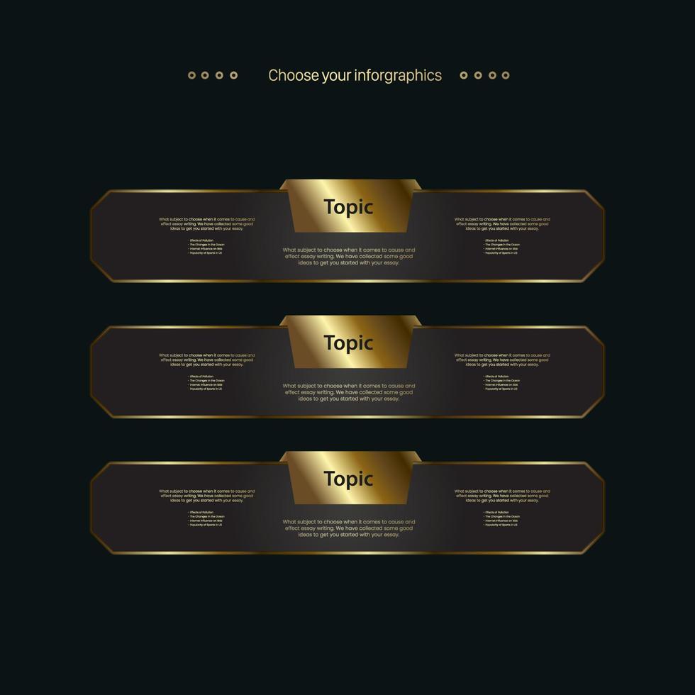 Set of three Infographic Vector template with gold element option and Premium golden version on a dark background