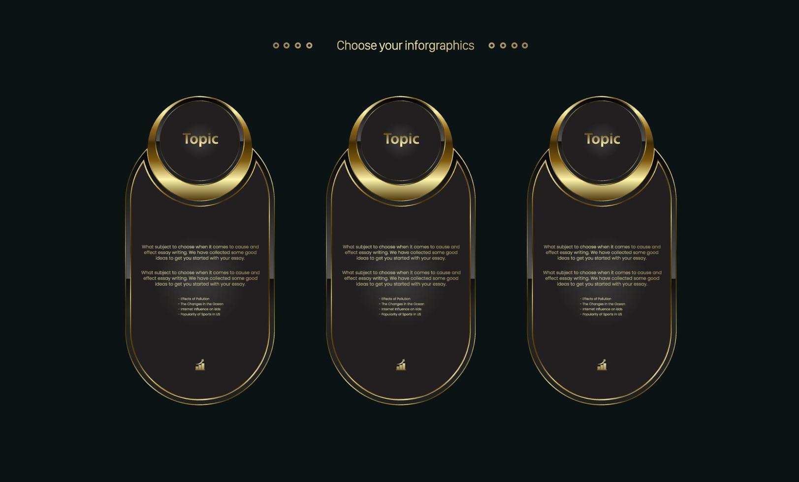 Group of 3 Premium buttons and icon design. golden Infographic Vector template. Three premium elements option and golden version on a dark background, vector and illustration for web, technology