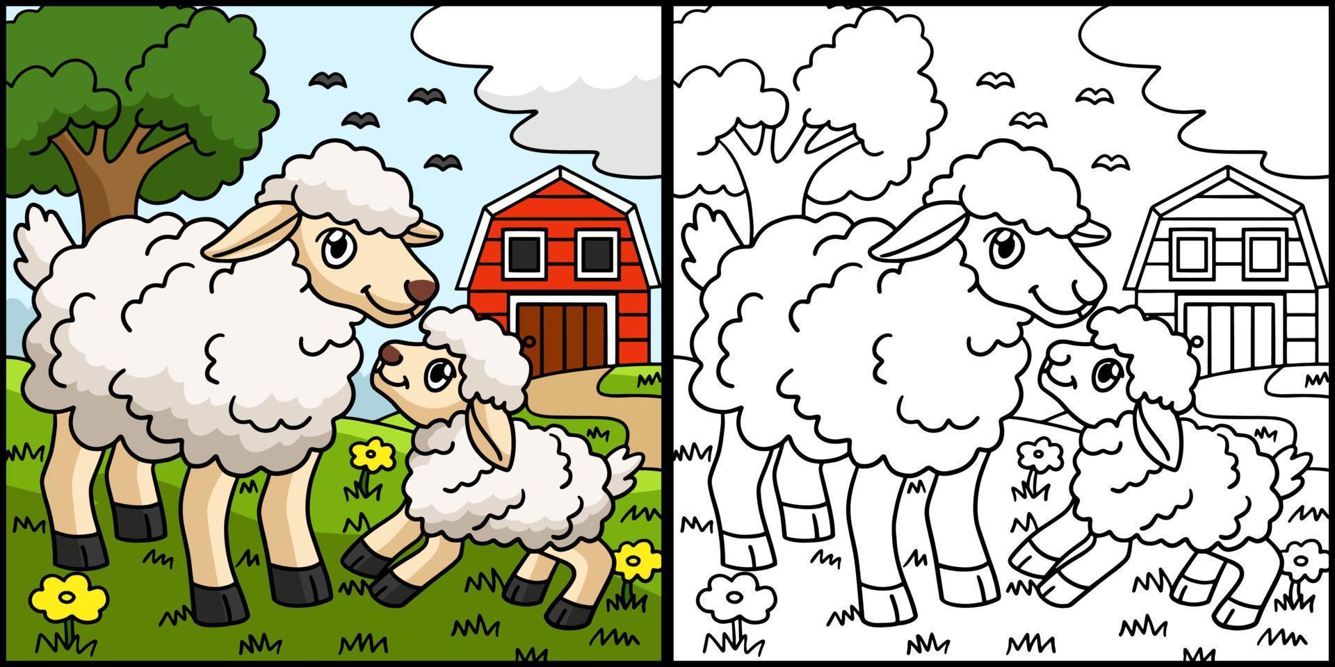 Sheep Coloring Page Colored Illustration vector