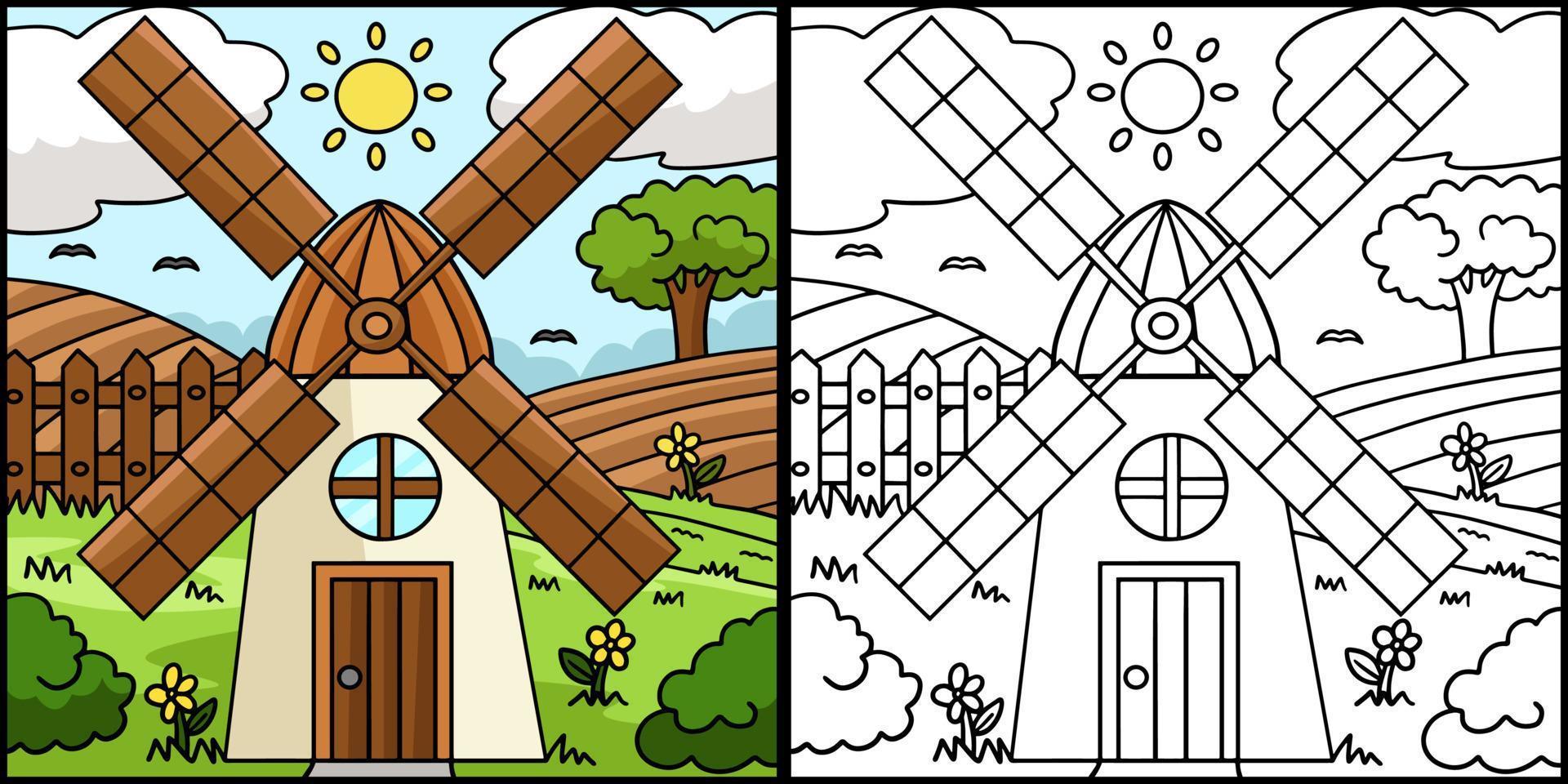 Windmill House Coloring Page Colored Illustration vector