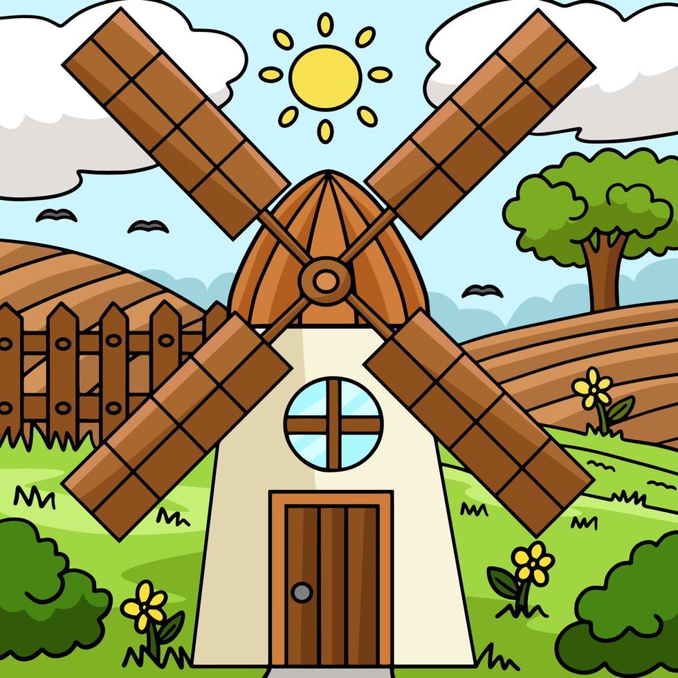 Windmill House Colored Cartoon Illustration vector