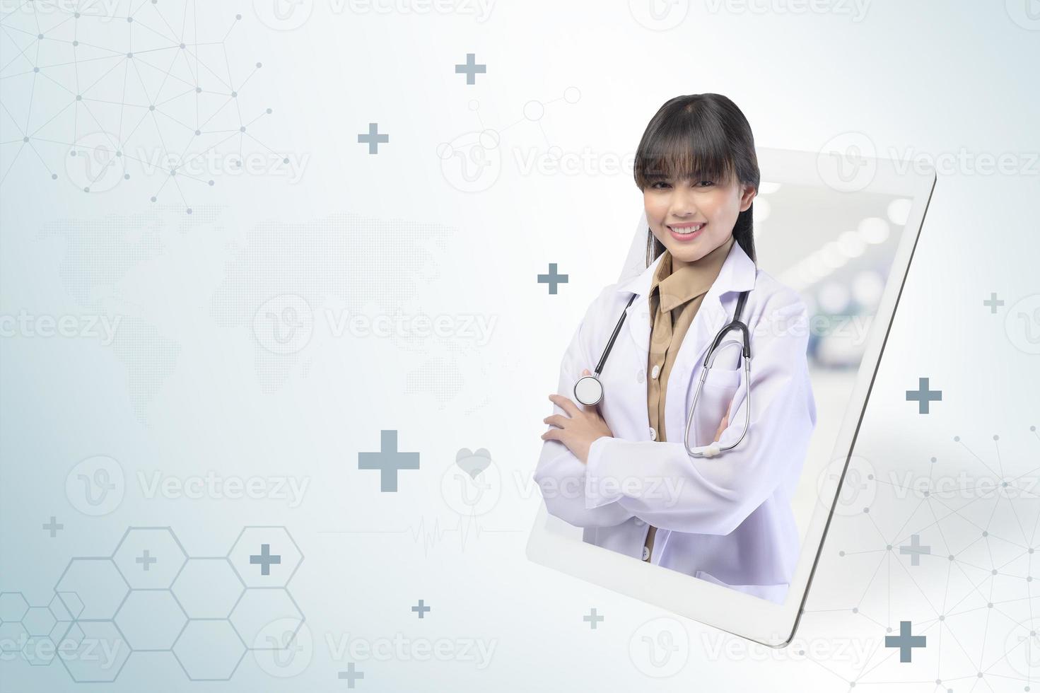 Doctor is showing medical analytics data on tablet or smartphone  screen , Medical technology concept photo