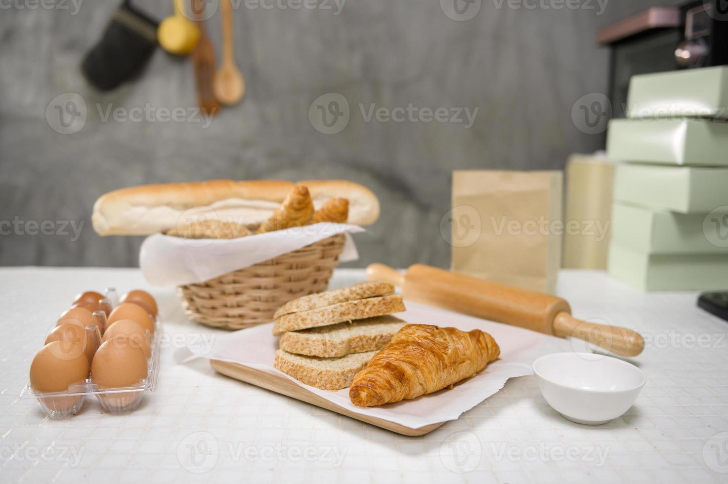 Baking or cooking ingredients composition on the kitchen table  background, coffee shop business concept photo