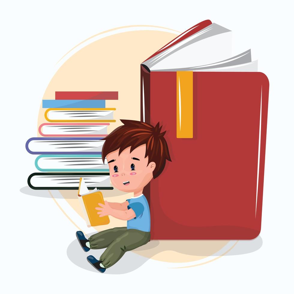 lindo niño leyendo libros con gran entusiasmo. educación, lectura, conocimiento, ilustración conceptual de estudio con un niño y un libro enorme en estilo de caricatura plana. niño feliz sonriente. vector