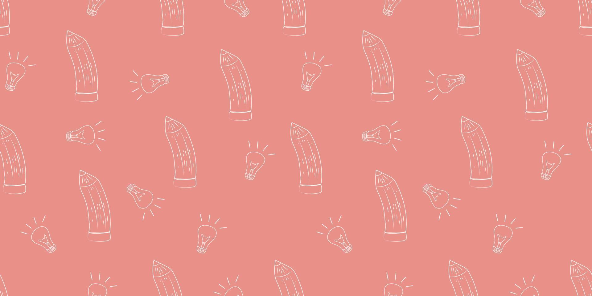 Cute outline illustration with pencils and bulbs on pink background. Seamless pattern with pencils and lightbulbs. vector