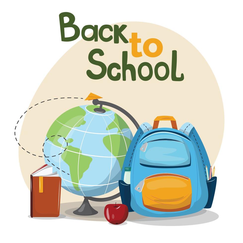 Back to school illustration with a globe, backpack, book and apple. Education, knowledge, study concept illustration in flat cartoon style. vector