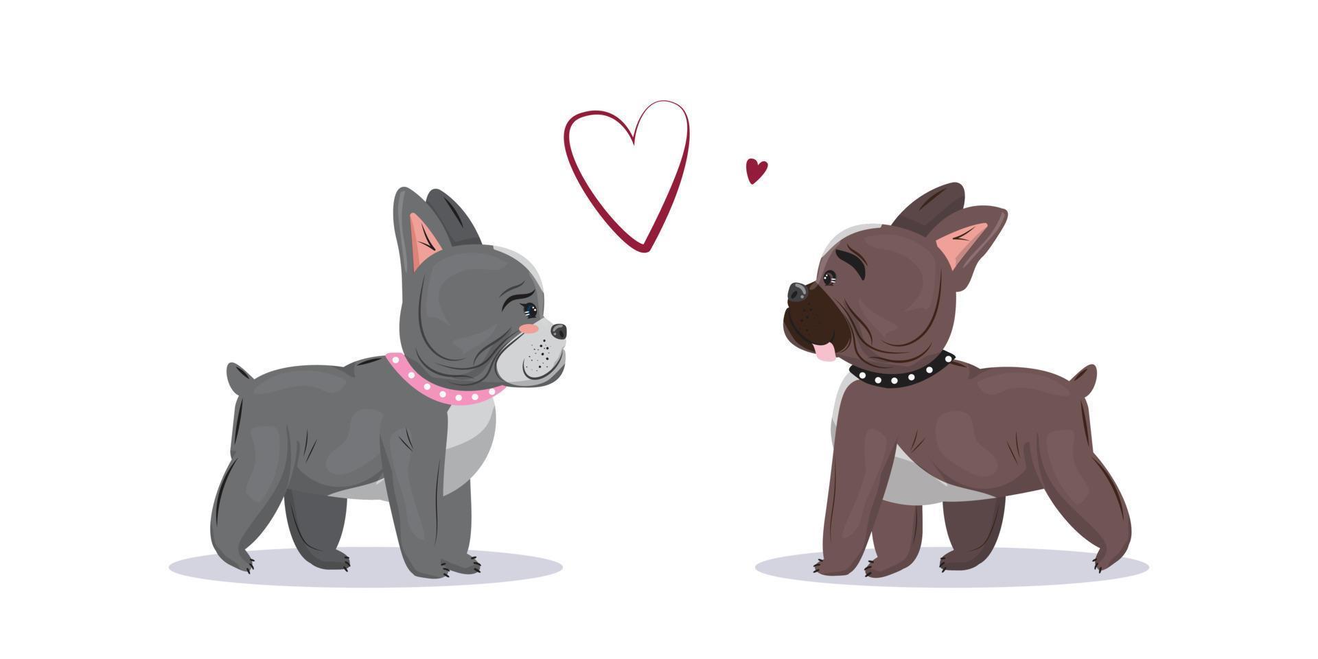 Two cute french bulldogs fall in love. Couple of dogs. Happy valentines day concept illustration with dogs. vector